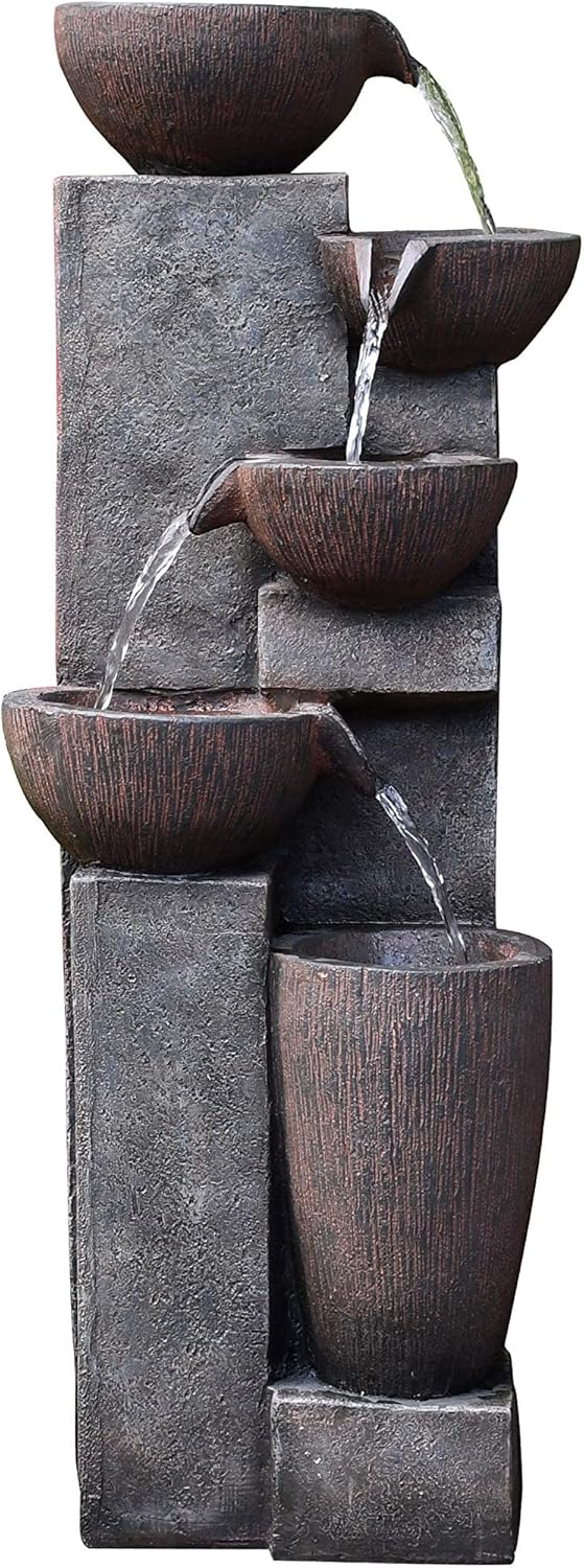 SunJet 5-Tier Outdoor Water Fountain Resin Fountain Decor with LED Lighting Natural Polyresin Looking Stone Decor for Garden Patio Fold Court Yard Deck 12.99" L x 13.78" W x 39.76" H