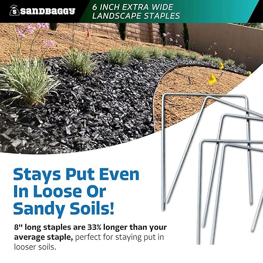 Sandbaggy 6" Wide Landscape Staples - Extra Heavy Duty: 7 Gauge Galvanized Steel - Hold Down Pipes, Landscape Fabric, Ground Cover, Erosion Control Netting, Sod, & Turf (600, 6" W x 8" L)