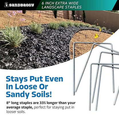 Sandbaggy 6" Wide Landscape Staples - Extra Heavy Duty: 7 Gauge Galvanized Steel - Hold Down Pipes, Landscape Fabric, Ground Cover, Erosion Control Netting, Sod, & Turf (50, 6" W x 8" L)