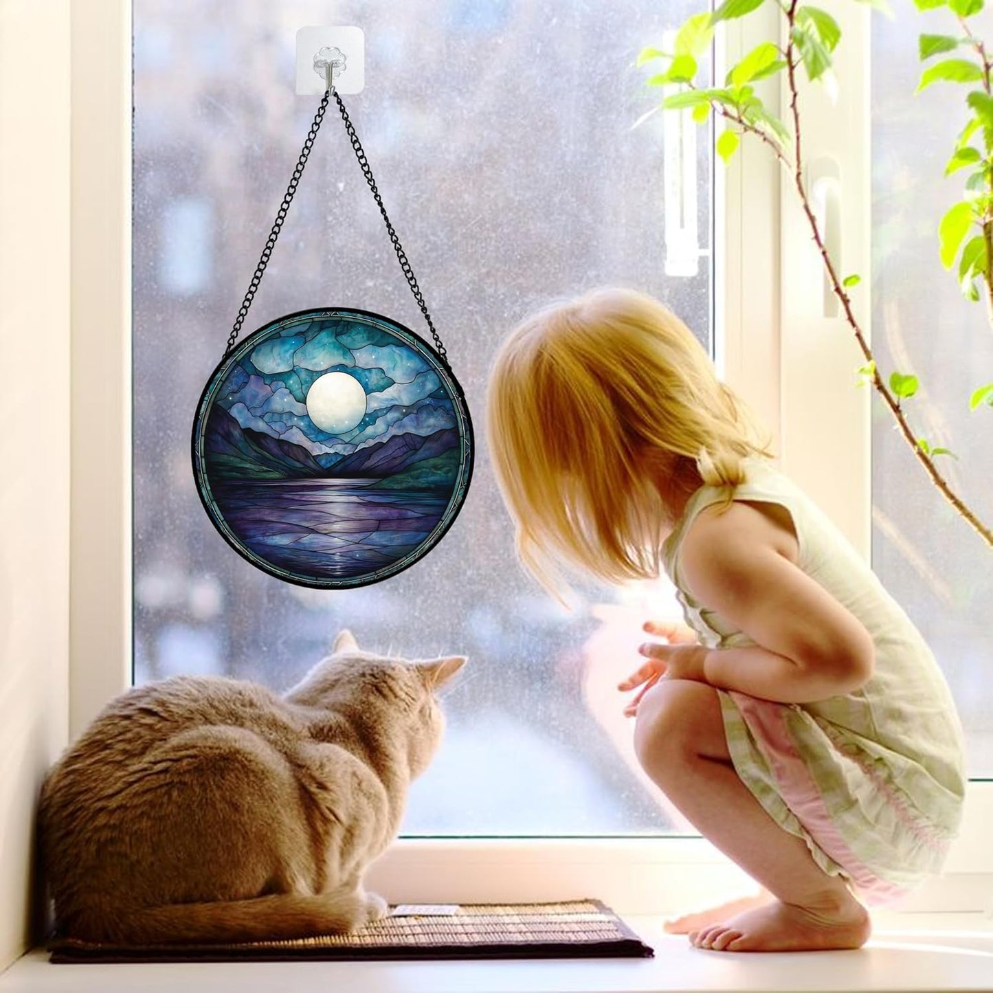 Stained Glass Window Hanging, Blue Night Moon Lake Sun Catchers Colorful Glass Panel Landscape Suncatcher Decor for Birthday for Women, Men, Wife, Aunt, and Mom 6.3 in