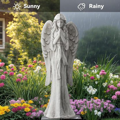 Praying Angel Statue for Outdoor Garden, 31 Inch Large Heavenly Memorial Sculpture,Durable Magnesium Oxide Stone for Yard, Patio or Cemetery Decor,Offering Comfort & Peace, Antique White