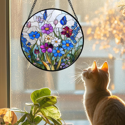 Stained Glass Window Hanging Blue Purple Wildflowers 6.3" - Suncatcher Door Garden Sunroom Sun Catcher Home Decor Birthday Christmas for Mom Men Woman Nana Friend
