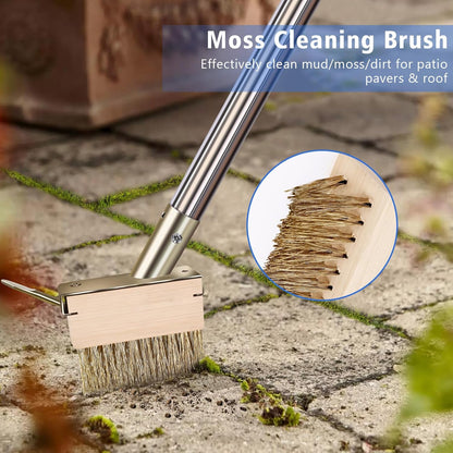 Moss Grout Remover Brush Tool with Detachable 64.9Inch Handle for Outdoor Concrete Deck Pavers Patios Walkways Crevice Cleaning, 2 Pcs Metal Wire Brush Heads with Crack Scraper Weeder Puller