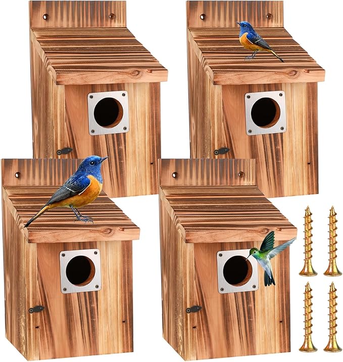 4-Piece Outdoor Bird House Set, Bird Houses for Outside with Metal Guards, Safety Locks, Flight Slots, & Ventilation, Bluebird Houses with 1-1/2" Entrance for Bluebirds, Wrens, Finches