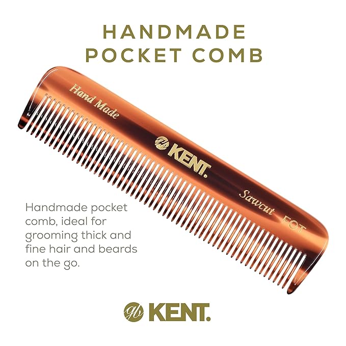Kent FOT Tortoise Fine Tooth Handmade Pocket Comb for Men, Women and Kids, Hair Comb Straightener for Everyday Grooming and Styling, Beard and Mustache, Saw Cut and Hand Polished, Made in England