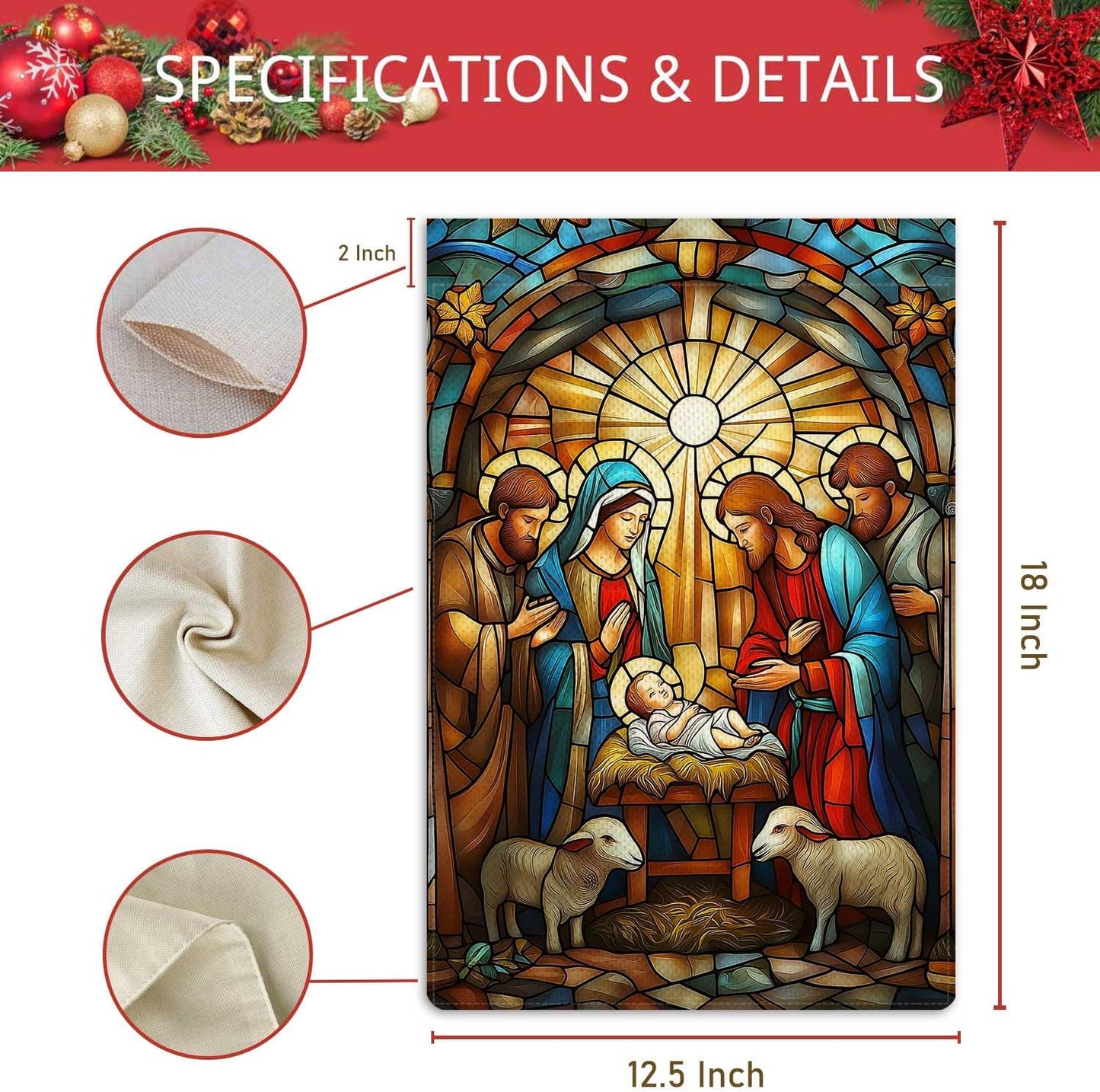 O Holy Night Garden Flag Jesus Birth Nativity Night Small Flag for Outside Stained Glass Style Burlap Double Sided Welcome Yard Lawn Winter Decor 12.5x18"