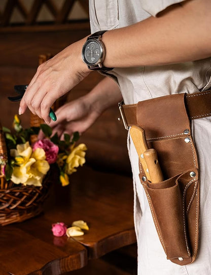 Hori Hori Leather Sheath Belt with Pruner and Scissor Pockets. Personalized Florist Tool Belt Leather, Gardening Belt with Pockets.