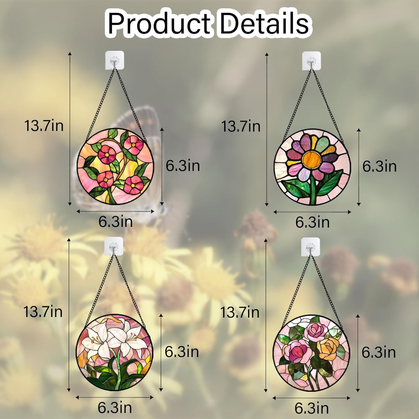 Stained Glass Window Hanging 4 Pcs Set Pink Floral Theme 6.3" - Flowers Suncatcher Door Garden Sun Catcher Decor Birthday Christmas for Mom Woman Nana Men Friend