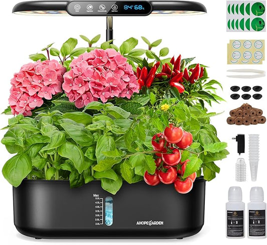 Ahopegarden Hydroponics Growing System kit: Indoor Herb Garden - 12 Pods Plant Germination Kit with LCD Display and LED Grow Light, Smart Temp & Humidity Detection, Planter Grower for Fresh Vegetables