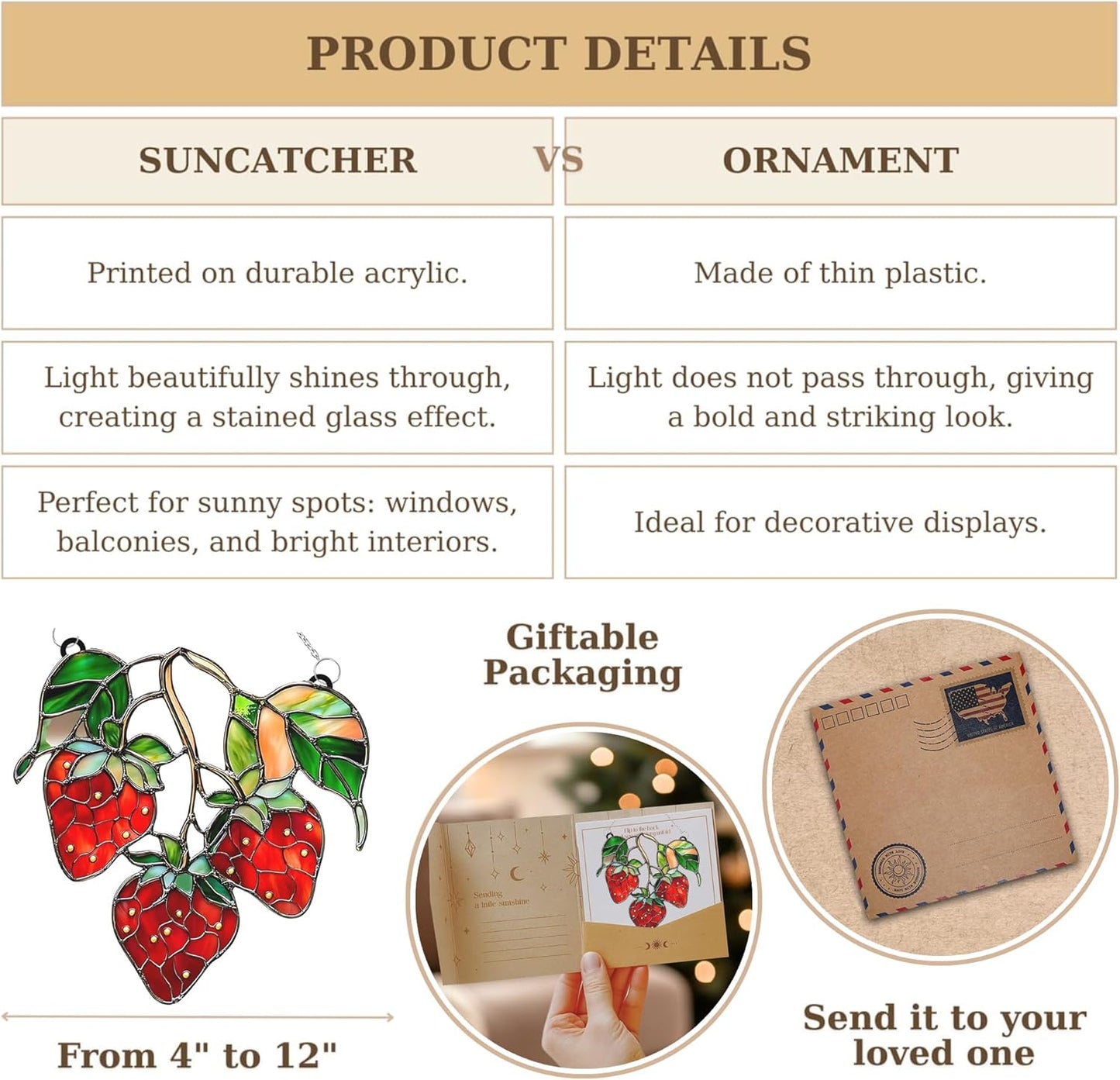 Strawberries Branch Acrylic Suncatcher Stained Glass Effect Window Car Hanging Christmas Ornament Indoor Outdoor Decor Garden Sun Catcher Panel for Berry Lover for Women Mom Grandma