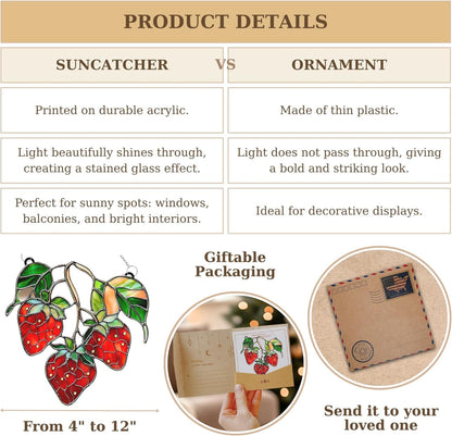 Strawberries Branch Acrylic Suncatcher Stained Glass Effect Window Car Hanging Christmas Ornament Indoor Outdoor Decor Garden Sun Catcher Panel for Berry Lover for Women Mom Grandma