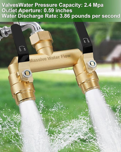 Hose Splitter 2 Way Heavy Duty, Full Flow Garden Hose Splitter with 2 Long Metal Handles, Brass Rust and Freeze Resistant Water Hose Bib Splitter, T Adapter Connector with 3/4 - Inch GHT Thread（Black）
