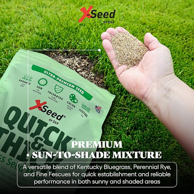 X-Seed Ultra Premium Quick and Thick Lawn Seed Mixture – Rapid Germination for Any Lawn, Dense Coverage in Sun to Shade, High-Traffic Areas, Fescue, Kentucky Blue, & Perennial Ryegrass Blend, 7lb Bag