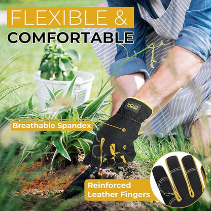 HANDLANDY Men Leather Gardening Gloves, Utility Work Gloves for Mechanics, Construction, Driver