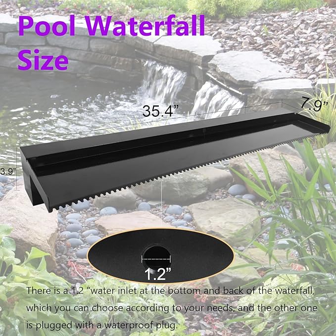 Pond Waterfall Spillway Pool Fountain Water Feature, Black Stainless Steel Outdoor Fountains, Swimming Pool Water Flow Waterfalls Kit for Garden Patio Ponds-35.4"x7.8"x3.9"(NO Light)