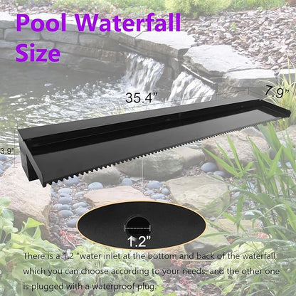 Pond Waterfall Spillway Pool Fountain Water Feature, Black Stainless Steel Outdoor Fountains, Swimming Pool Water Flow Waterfalls Kit for Garden Patio Ponds-35.4"x7.8"x3.9"(NO Light)