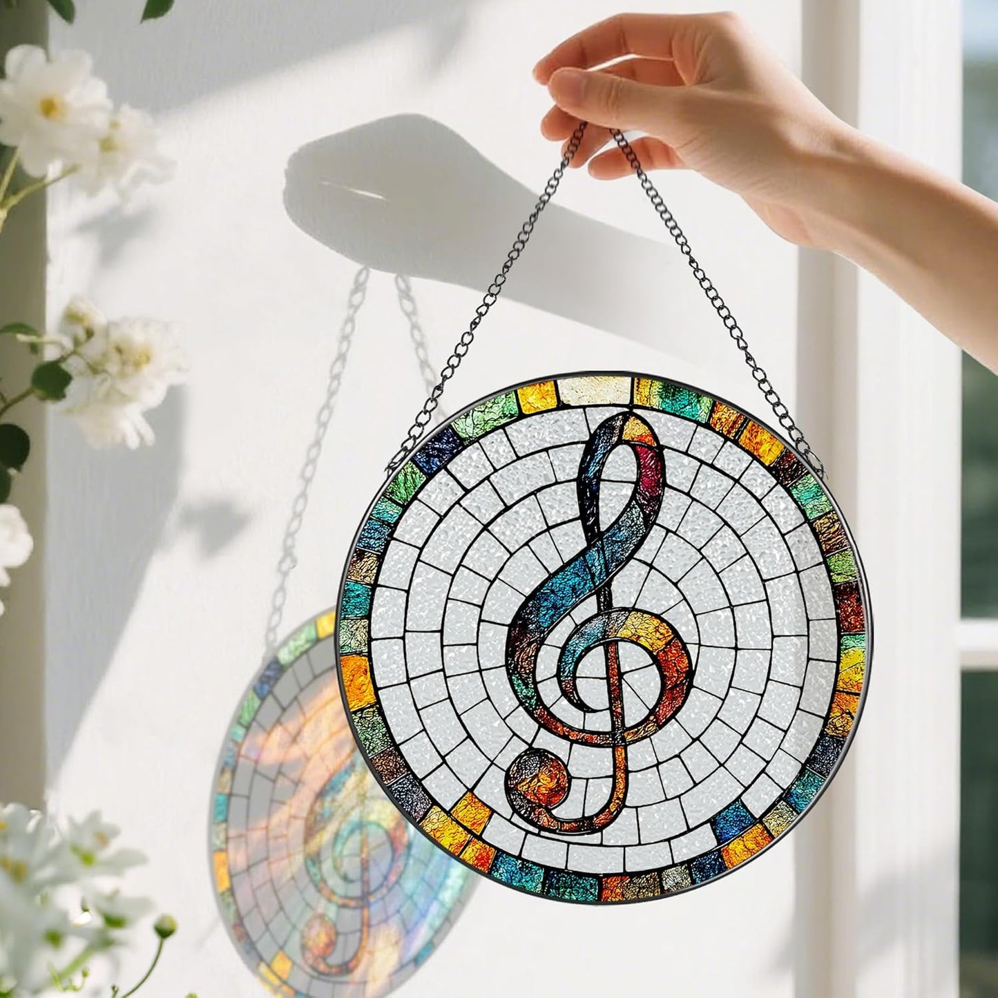 Stained Glass Window Hanging, Pauyadu 8 Inch Musical Stained Glass Suncatcher, Window Decor, Musician Home Decor, Musician Gift, Music Teacher Gifts, Music Accessory, Singer Gift