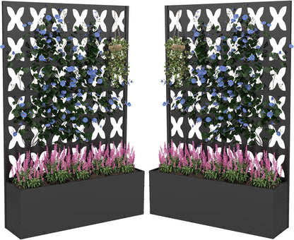 2PCS Metal Planter Box with Trellis,70.9"x47.2"x15.7" Raised Garden Bed with Drainage Holes, Privacy Planters for Outdoor Garden Bed for Climbing Plants,Vegetables,and Vines, Black-X