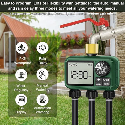 3 Outlet Sprinkler Timer Brass, Programmable Garden Hose Timer with Rain Delay, Manual& Automatic Watering System, Waterproof Gardening Supplies Irrigation Controller for 3 Separate Water Zones