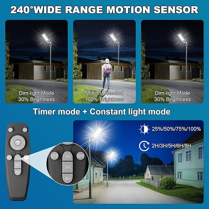 8500W Solar Street Light Outdoor Waterproof, 250000LM Large Commercial Light Solar Powered Dusk to Dawn LED Security Flood Lights with Remote/Motion Sensor, IP67 for Parking Lot/Garden/Yard