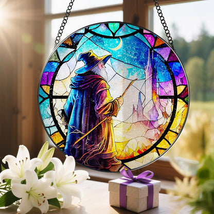 Stained Glass Window Hanging, LAOWEIKI 8'' Witch Suncatcher, Stained Glass Ornament, Suncatchers for Windows Hanging, Window Decor, Outdoor or Indoor, Gifts for Friends