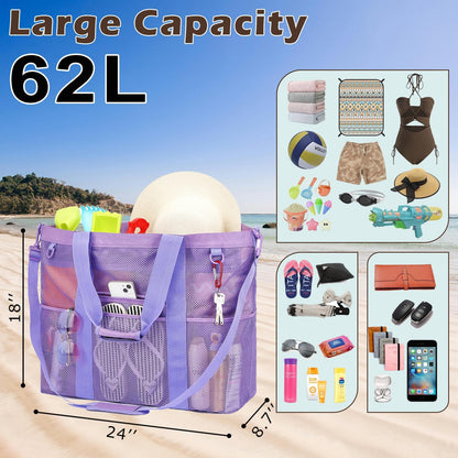 Mesh Beach Bag, Large Beach Tote with Zipper Pocket for Family Pool Bag for Toys & Vacation Essentials