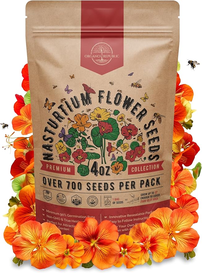 Nasturtium Seeds Pack 4 oz - Over 700 Non-GMO Heirloom Nasturtium Seeds for Planting, Edible Flowers in Individual Seed Packet for Planting Home Garden Indoor & Outdoor Gardening