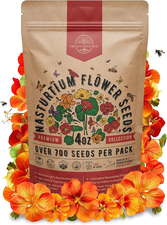 Nasturtium Seeds Pack 4 oz - Over 700 Non-GMO Heirloom Nasturtium Seeds for Planting, Edible Flowers in Individual Seed Packet for Planting Home Garden Indoor & Outdoor Gardening