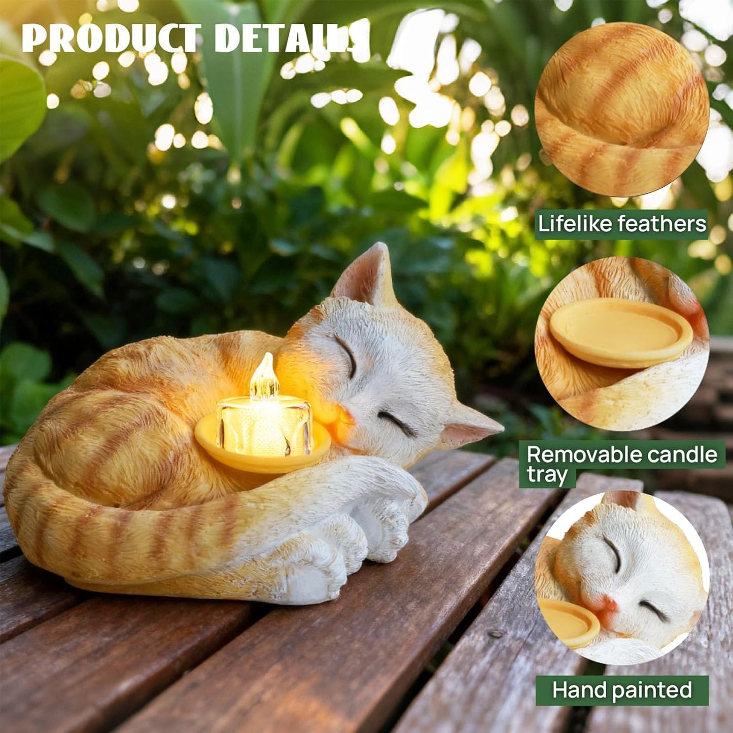 Sleeping Cat Candle Holder Statue Realistic Resin Cat Figurine with Candle Tray Outdoor Garden Decor for Patio Yard or Indoor Use for Cat Lovers Women and Memorials Orange