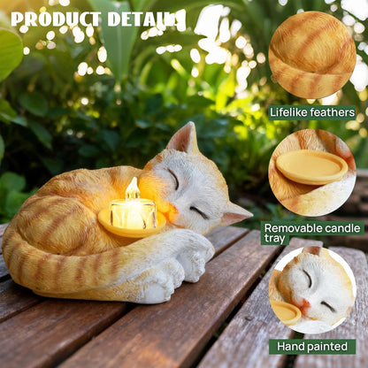 Sleeping Cat Candle Holder Statue Realistic Resin Cat Figurine with Candle Tray Outdoor Garden Decor for Patio Yard or Indoor Use for Cat Lovers Women and Memorials Orange