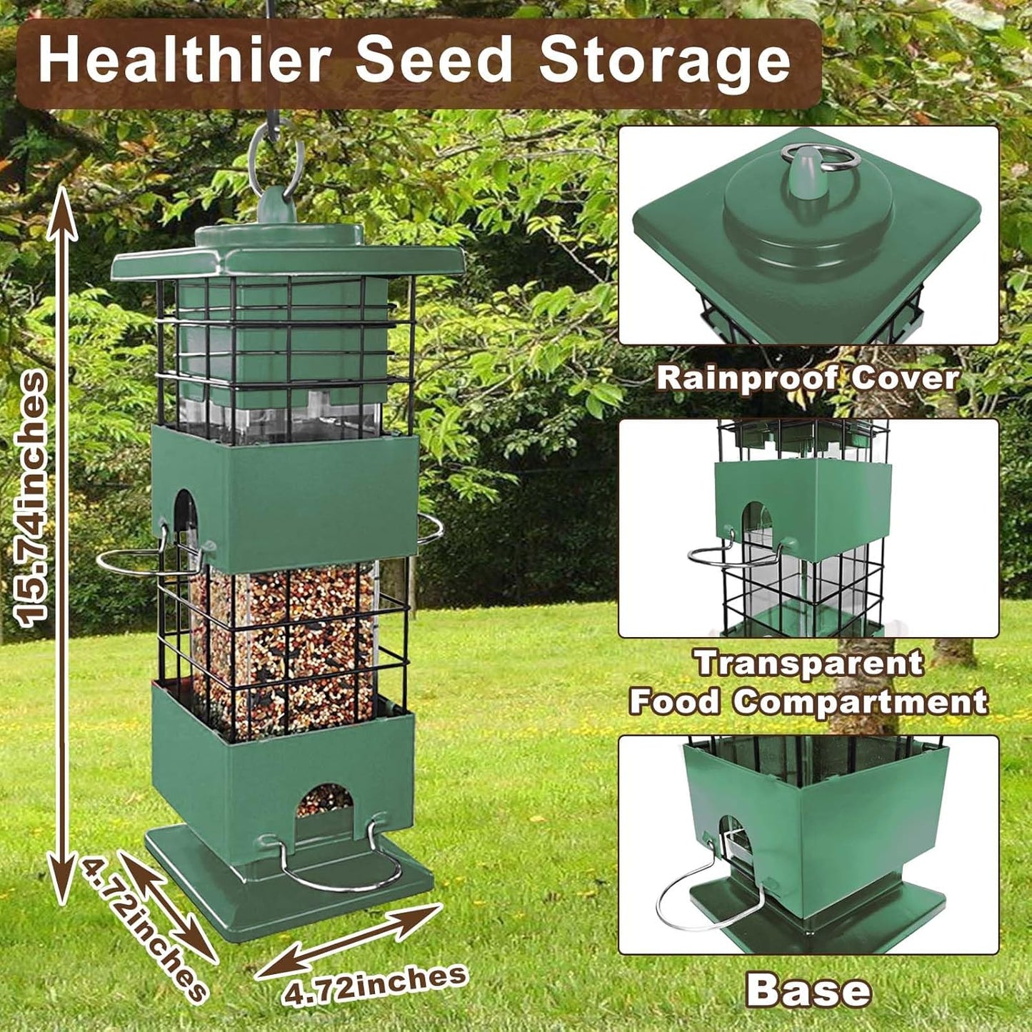 Squirrel Proof Bird Feeder, 3LBS Large Capacity Hanging Bird Feeders with Weight-Activated Perches for Outdoors, Metal Wild Birdfeeder for Blue Jay, Cardinal, Outside (Green)