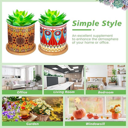 Zopeal 6 Pcs 3 Inch Succulent Pots Succulent Planters Cylinder Ceramic Pots Mandala Multicolor Cactus Pot with Drainage Holes and Bamboo Trays for Indoor Plants Flowers Garden Decoration (Core)