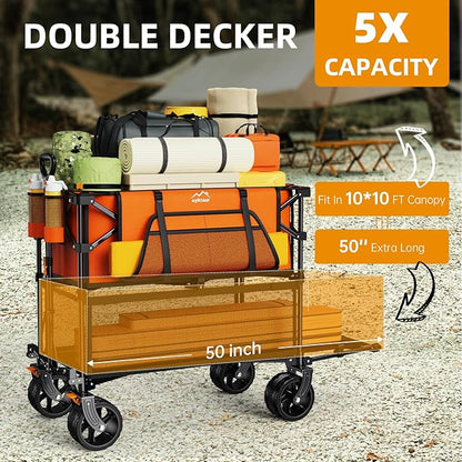 Foldable 50''L Extra Long Double Decker Wagon for Sport, 400L Collapsible Heavy Duty Wagon Cart with Big Wheels, Utility All-Terrain Large Extender Cart for Outdoors, Orange