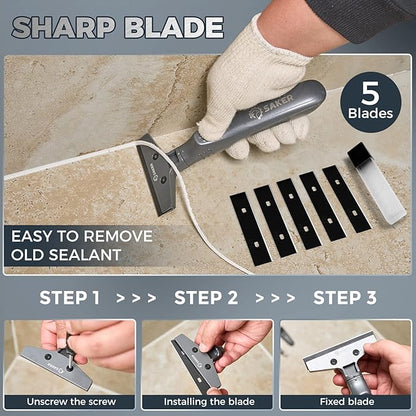 Saker Caulking Tool Kit-Aluminum 4 in 1 Sealant Finishing Tool Grout Remove Scraper Caulk Remover Glass Glue Angle Scraper for Bathroom,Kitchen,Floor,Window,Sink Joint,Frames Seal Silver