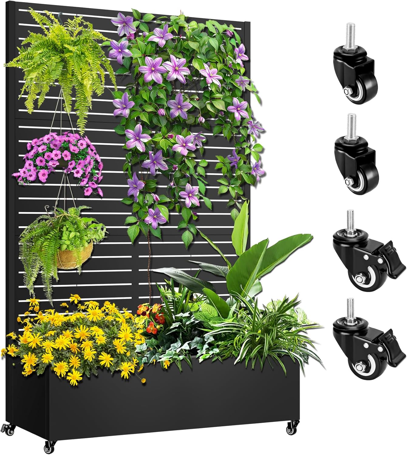 Metal Planter Box with Trellis, 72"x47"x16" Metal Raised Garden Bed with Trellis, Trellis Planter Box with Drainage Holes & Lockable Casters for Climbing Plants, Vegetables, and Vines
