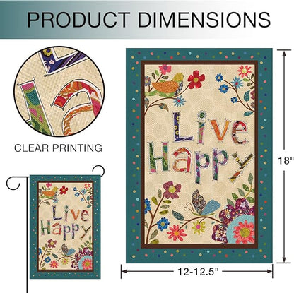 Hzppyz Live Happy Decorative Small Garden Flag Flower Bird, Spring Summer Inspirational Quote House Yard Outdoor Butterfly Floral Decor Double Sided, Fall Positive Farmhouse Outside Decoration 12 x 18