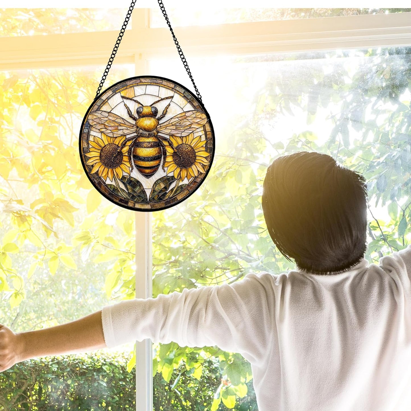 Stained Glass Window Hanging - Bee Sunflower Yellow Suncatcher Ready to Hang Window Doors Home Decoration and Christmas, Mother's Day Birthday Gifts for Women, Men, and Mom 6.3x6.3 in