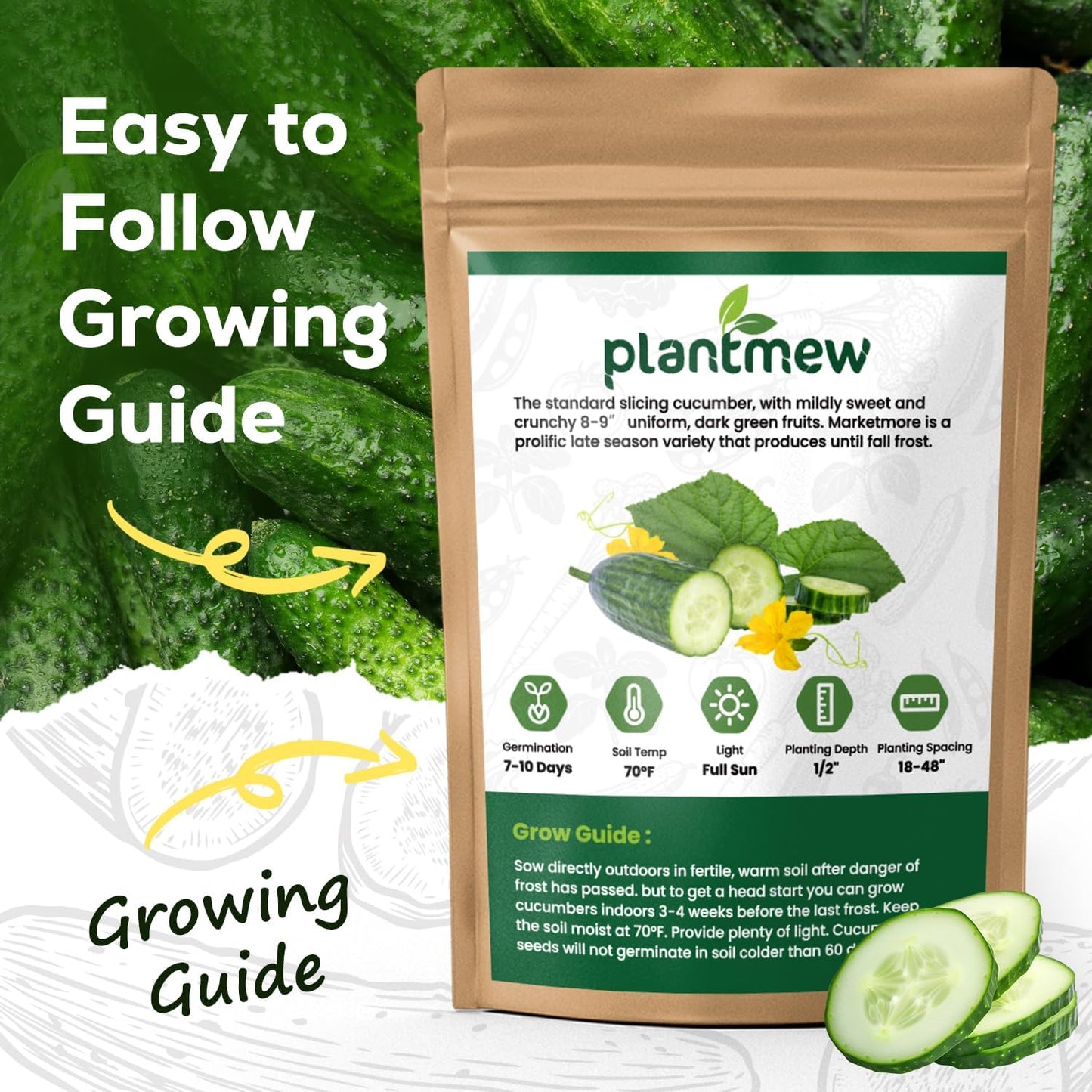 Marketmore Cucumber Seeds for Planting - 100 Seeds, Heirloom, Non-GMO Seed Packet - High Yield Slicing Cucumber for Home Garden, Indoor/Outdoor