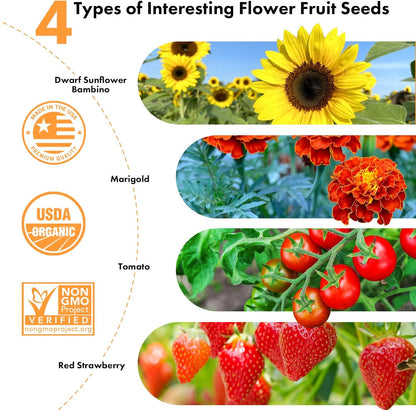 LYKOCLEAN Flower Fruit Seed Pods for AeroGarden, Ahopegarden, iDOO Hydroponics Growing System Indoor, 350 Seeds+ Including Dwarf Sunflower Bambino, Marigold, Red Tomato, Red Strawberry (7-Pods)