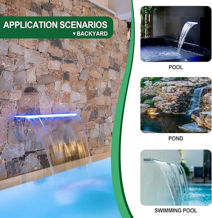 Pool Fountain, LONGRUNNEW Transparent Acrylic Pool Waterfall Spillway with Pipe Connector Kits for Indoor/Outdoor Decorative, 11.8 Inches Pool Water Feature for Garden Patio, Backyard Koi Pond Decor