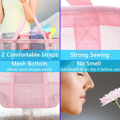 Mesh Beach Bag, Large Beach Tote with Zipper Pocket for Family Pool Bag for Toys & Vacation Essentials