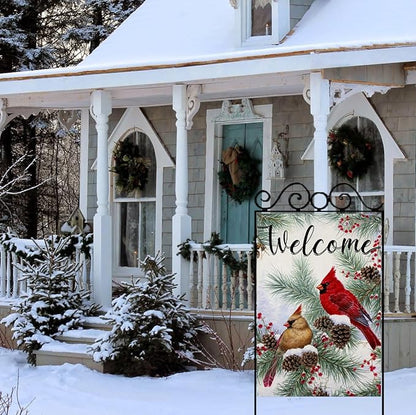 Welcome Winter House Flags for Outdoor Decoration, Christams Cardinal Pine Twigs Berry Large Yard Flag, Decorative Xmas Seasonal Farmhouse Holiday Outside Decor 28x40 Inch Vertical Double Sided