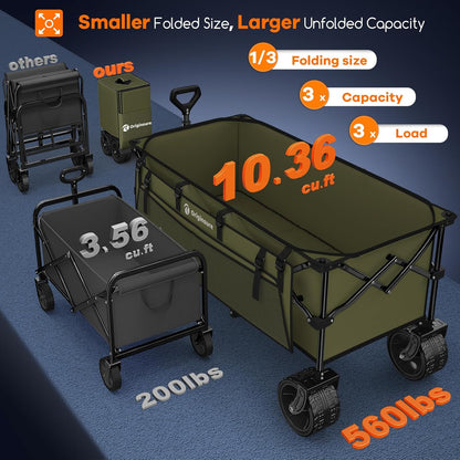 48" L Collapsible Wagon Cart Foldable, 560lbs Weight Capacity 300L Heavy Duty Folding Beach Wagons with Big All-Terrain Wheels, Utility Carts for Groceries, Shopping, Camping, Sports - Green