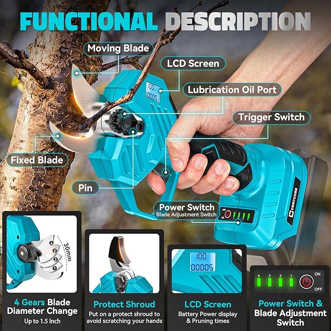 Cordless Electric Pruning Shears Compatible with Makita 18V Battery, 1.5-2-Inch Portable Pole Pruner with LCD Display & Imported SK7 Steel Blades for Gardening Shears