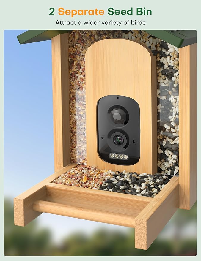 Bird Feeder with Camera: 160° Wide View & 2.5K Live Video, AI Auto Identify 12000+ Birds Species, Instant Arrival Alerts, Eco Natural Bamboo Build, Solar Smart Bird Feeders for Outdoors