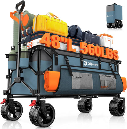 48" L Collapsible Wagon Cart Foldable, 560lbs Weight Capacity 300L Heavy Duty Folding Beach Wagons with Big All-Terrain Wheels, Utility Carts for Groceries, Shopping, Camping, Sports - Grey&Blue