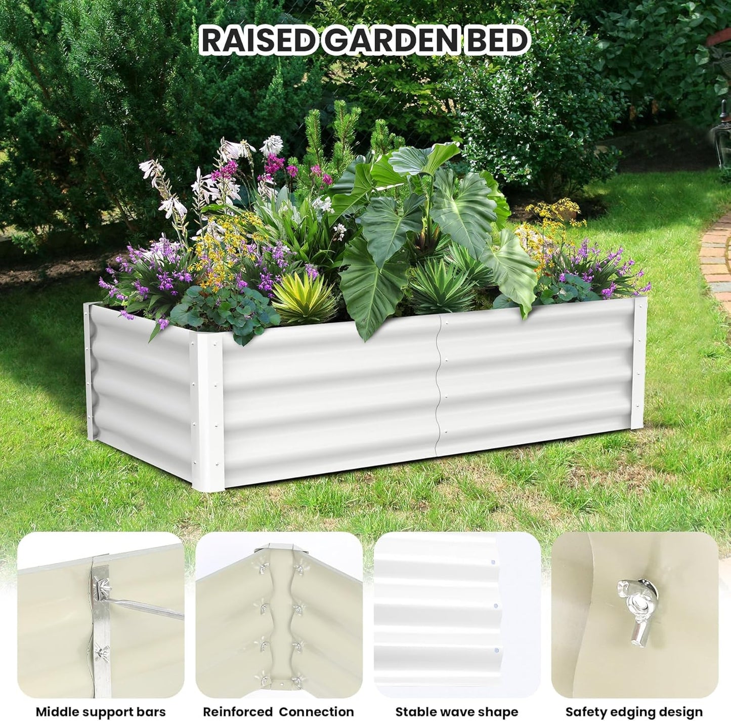Galvanized Raised Garden Bed, 2 Pcs 6x3x1FT Outdoor Outdoor Planter Boxes with Open Base with Safety Edge and Glove, Elevated Rectangular Planting Bed for Vegetables Flowers Ground Planter, White