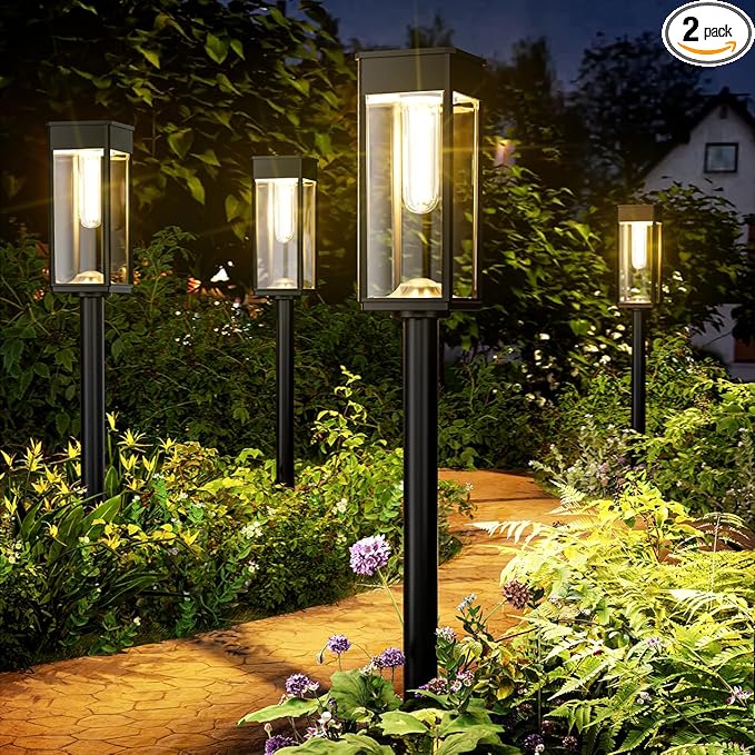 Solar Pathway Lights Outdoor, 2 Pack Bright Solar Lights Outdoor, IP65 Waterproof Solar Garden Lights, Solar Powered Landscape Lighting for Yard Patio Walkway Driveway Pathway (Warm White)