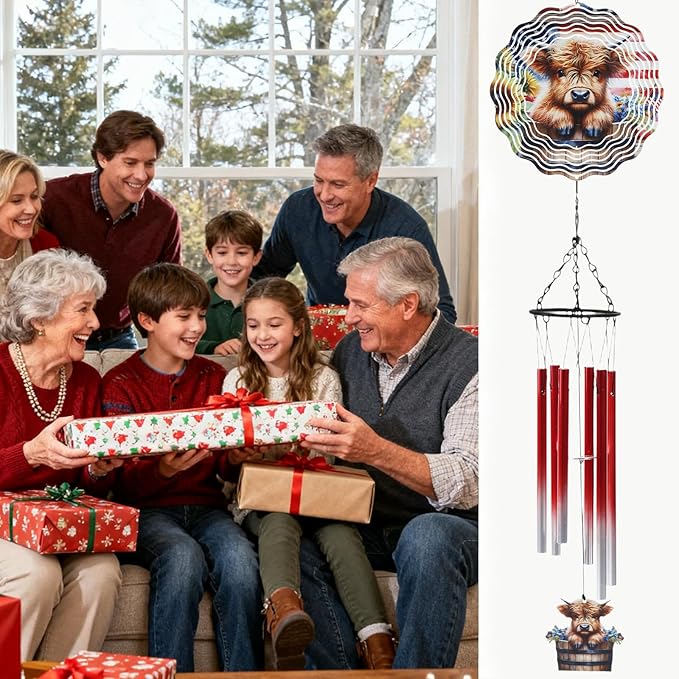 Highland Cow Wind Chimes - Cows Gifts for Women Mom Metal Windchime with Spinners Garden Decor Indoor Outdoor Art Hanging Decoration for Patio Yard Balcony Home Christmas Birthday Gift