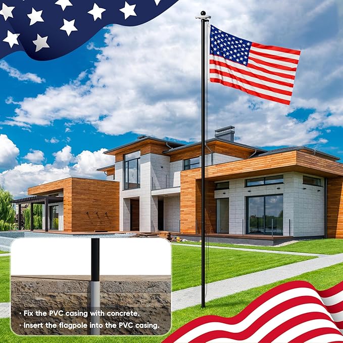 16FT Flag Pole with Solar Light Thick Aluminum Heavy Duty Flag Pole Kit 100MPH Wind Tested, Includes 2PCS 3x5 US Flag for Outdoor Use